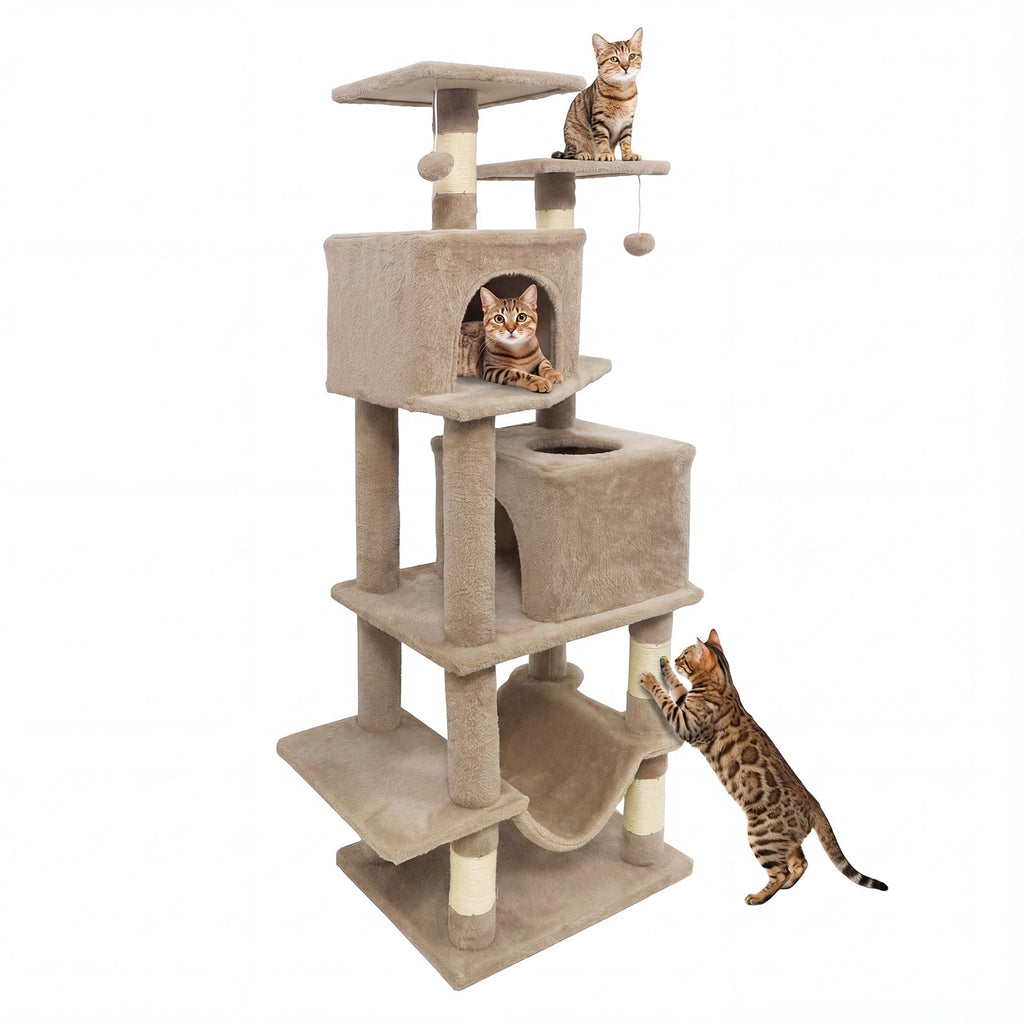 57 Inch Cat Tree with Dual Condos and Hammock and 2 Dangling Balls - Majestic Pet Kingdom