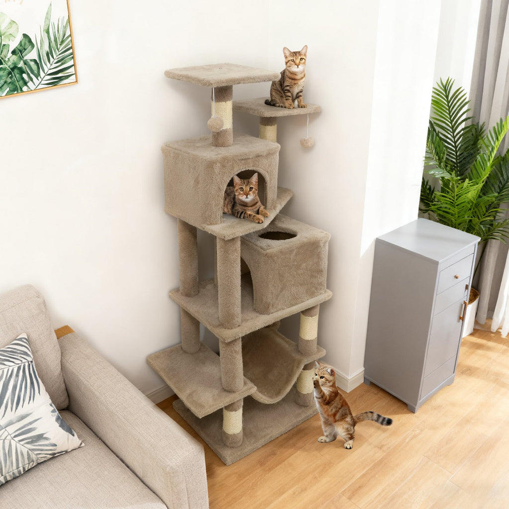 57 Inch Cat Tree with Dual Condos and Hammock and 2 Dangling Balls - Majestic Pet Kingdom