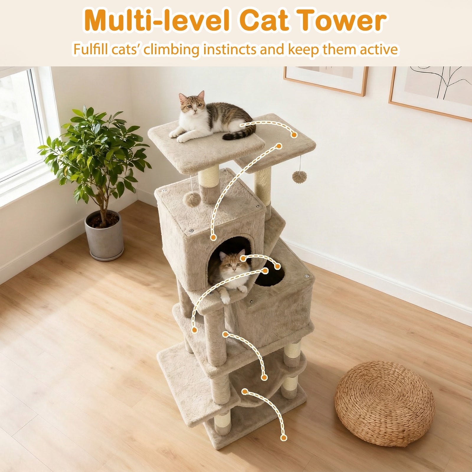 57 Inch Cat Tree with Dual Condos and Hammock and 2 Dangling Balls - Majestic Pet Kingdom