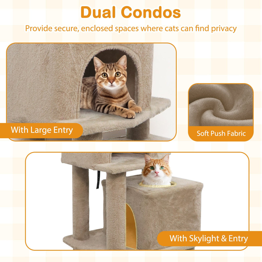 57 Inch Cat Tree with Dual Condos and Hammock and 2 Dangling Balls - Majestic Pet Kingdom