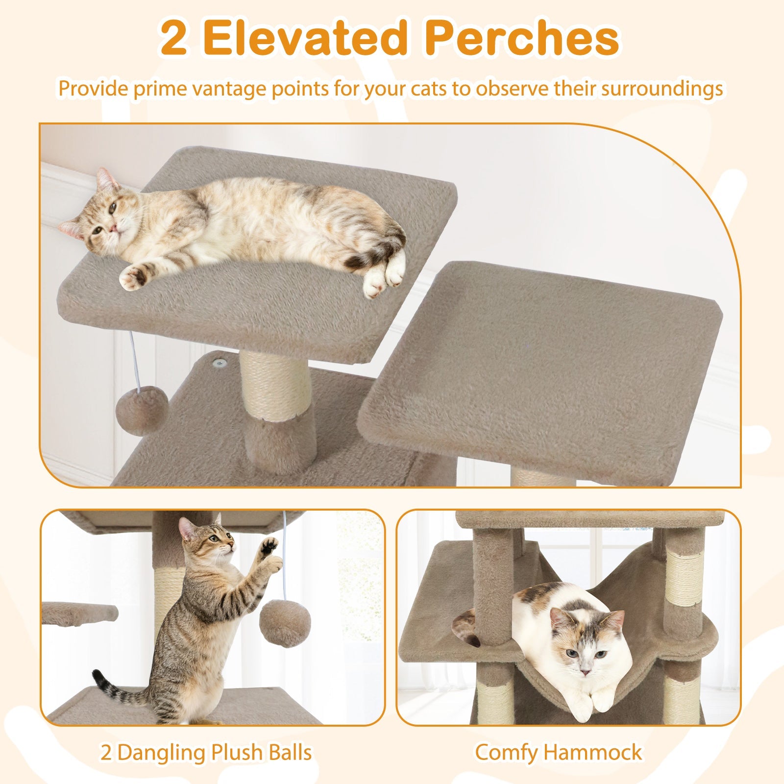 57 Inch Cat Tree with Dual Condos and Hammock and 2 Dangling Balls - Majestic Pet Kingdom