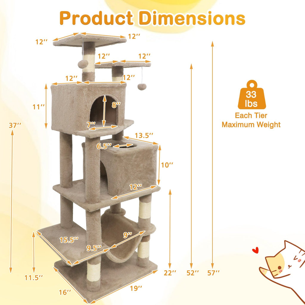 57 Inch Cat Tree with Dual Condos and Hammock and 2 Dangling Balls - Majestic Pet Kingdom
