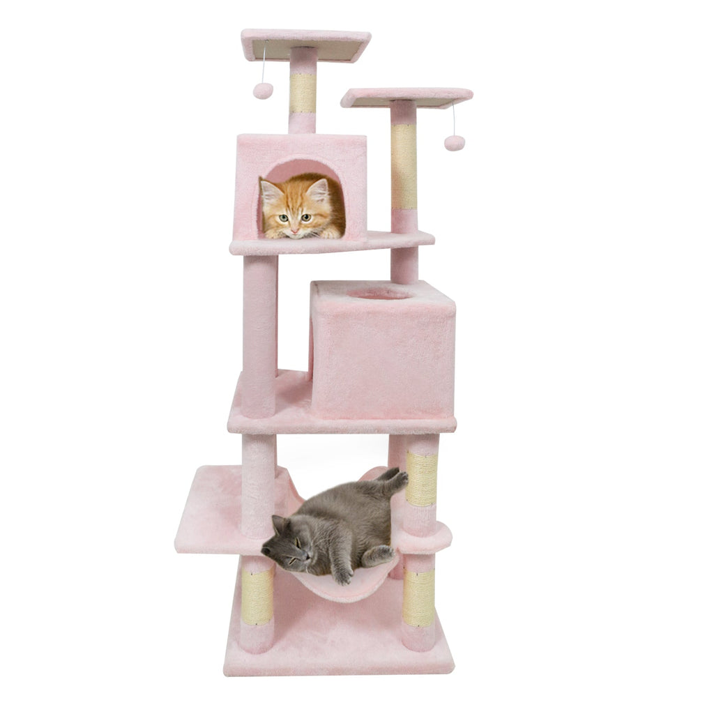 57 Inch Cat Tree with Dual Condos and Hammock and 2 Dangling Balls - Majestic Pet Kingdom