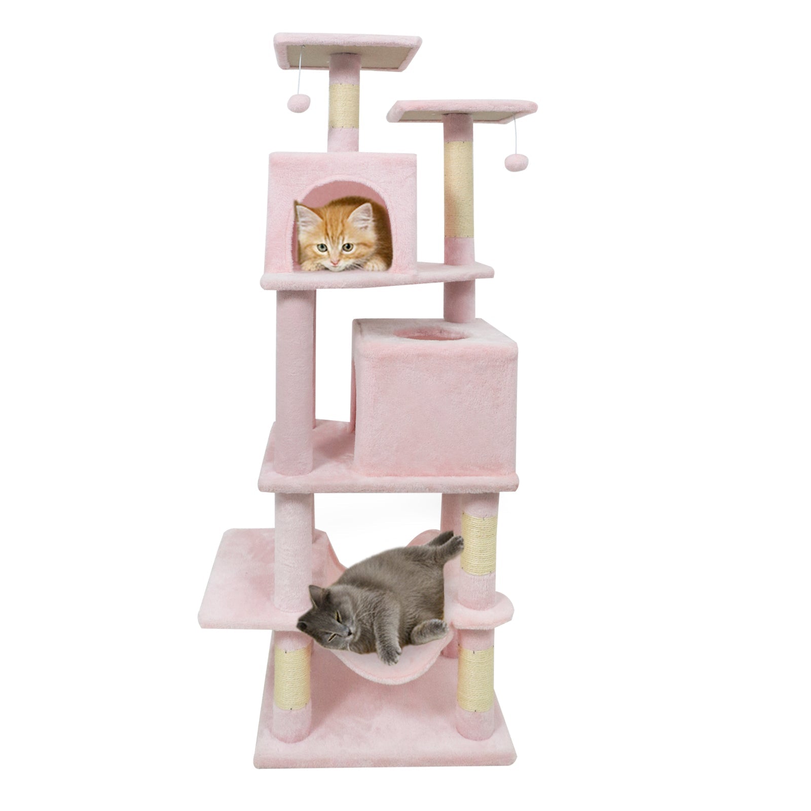 57 Inch Cat Tree with Dual Condos and Hammock and 2 Dangling Balls - Majestic Pet Kingdom