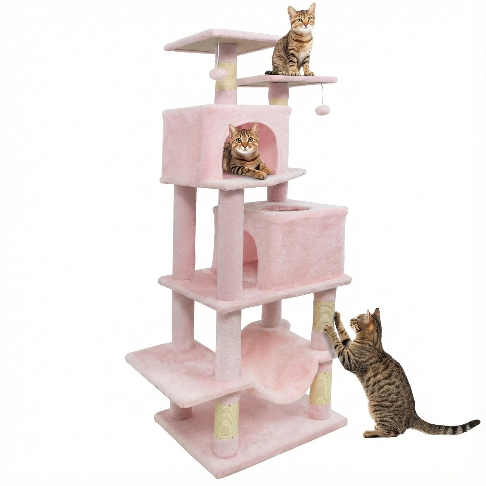 57 Inch Cat Tree with Dual Condos and Hammock and 2 Dangling Balls - Majestic Pet Kingdom
