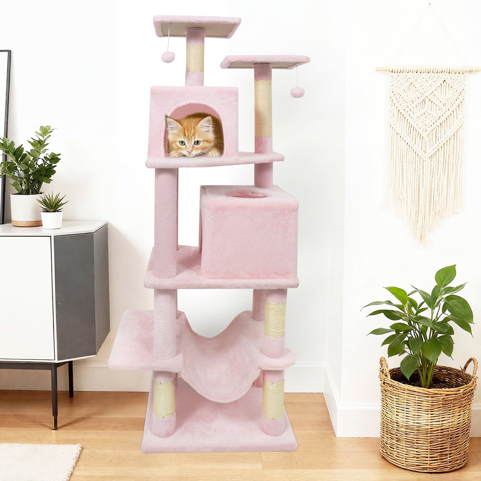 57 Inch Cat Tree with Dual Condos and Hammock and 2 Dangling Balls - Majestic Pet Kingdom