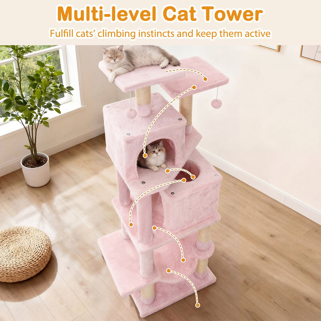 57 Inch Cat Tree with Dual Condos and Hammock and 2 Dangling Balls - Majestic Pet Kingdom