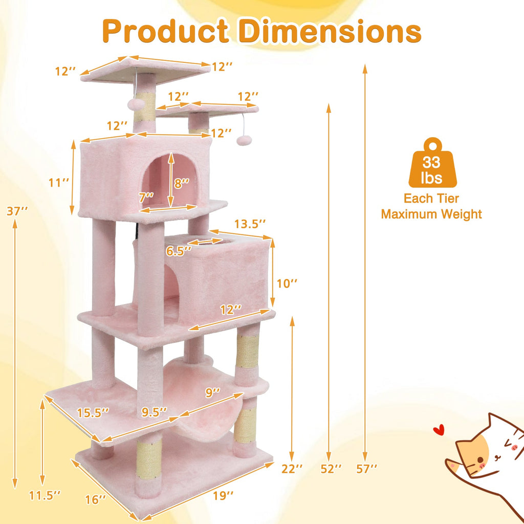 57 Inch Cat Tree with Dual Condos and Hammock and 2 Dangling Balls - Majestic Pet Kingdom