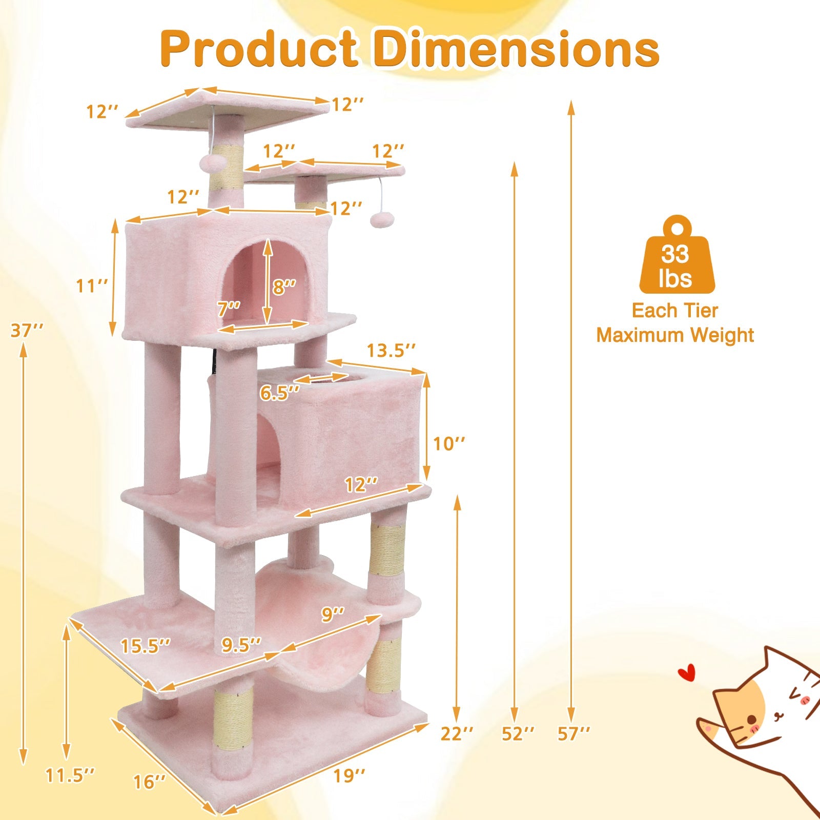 57 Inch Cat Tree with Dual Condos and Hammock and 2 Dangling Balls - Majestic Pet Kingdom