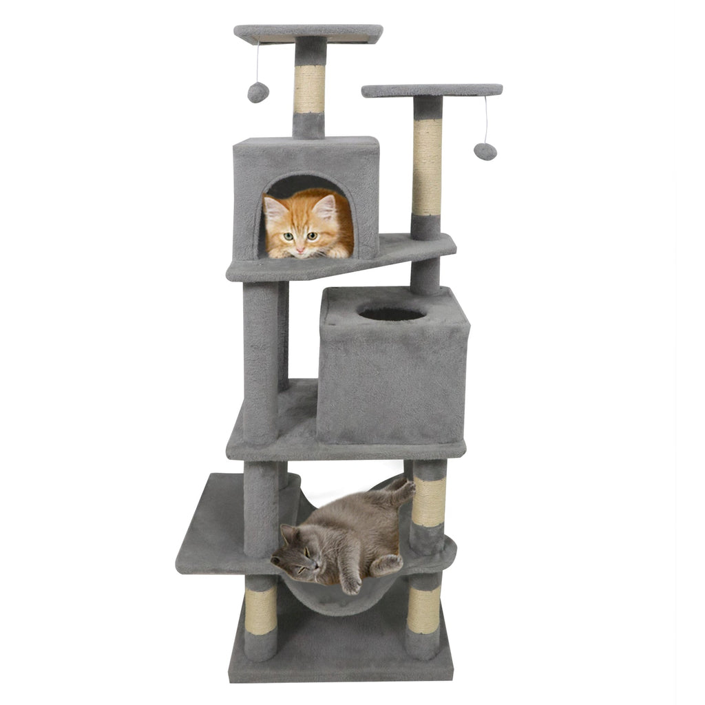 57 Inch Cat Tree with Dual Condos and Hammock and 2 Dangling Balls - Majestic Pet Kingdom