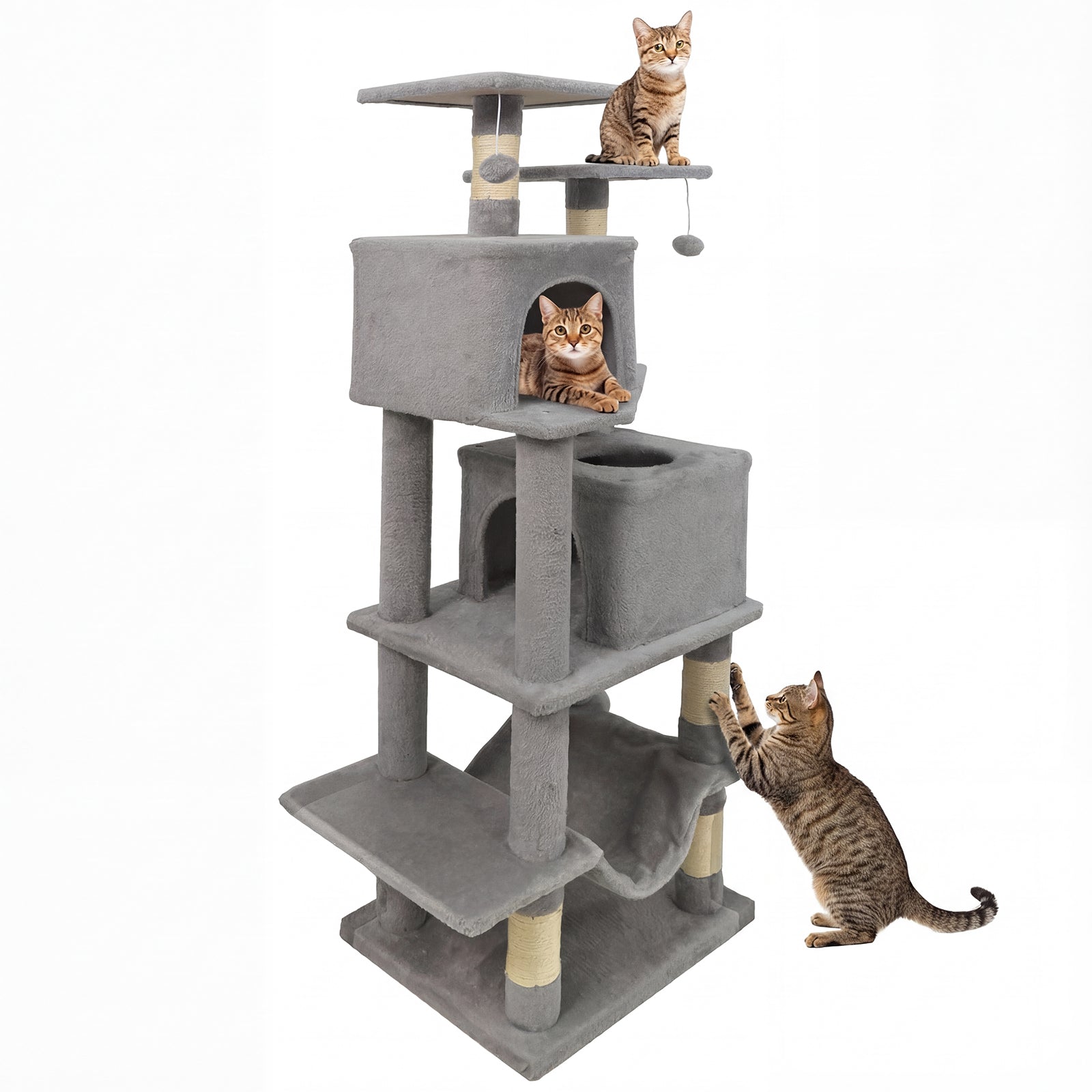 57 Inch Cat Tree with Dual Condos and Hammock and 2 Dangling Balls - Majestic Pet Kingdom