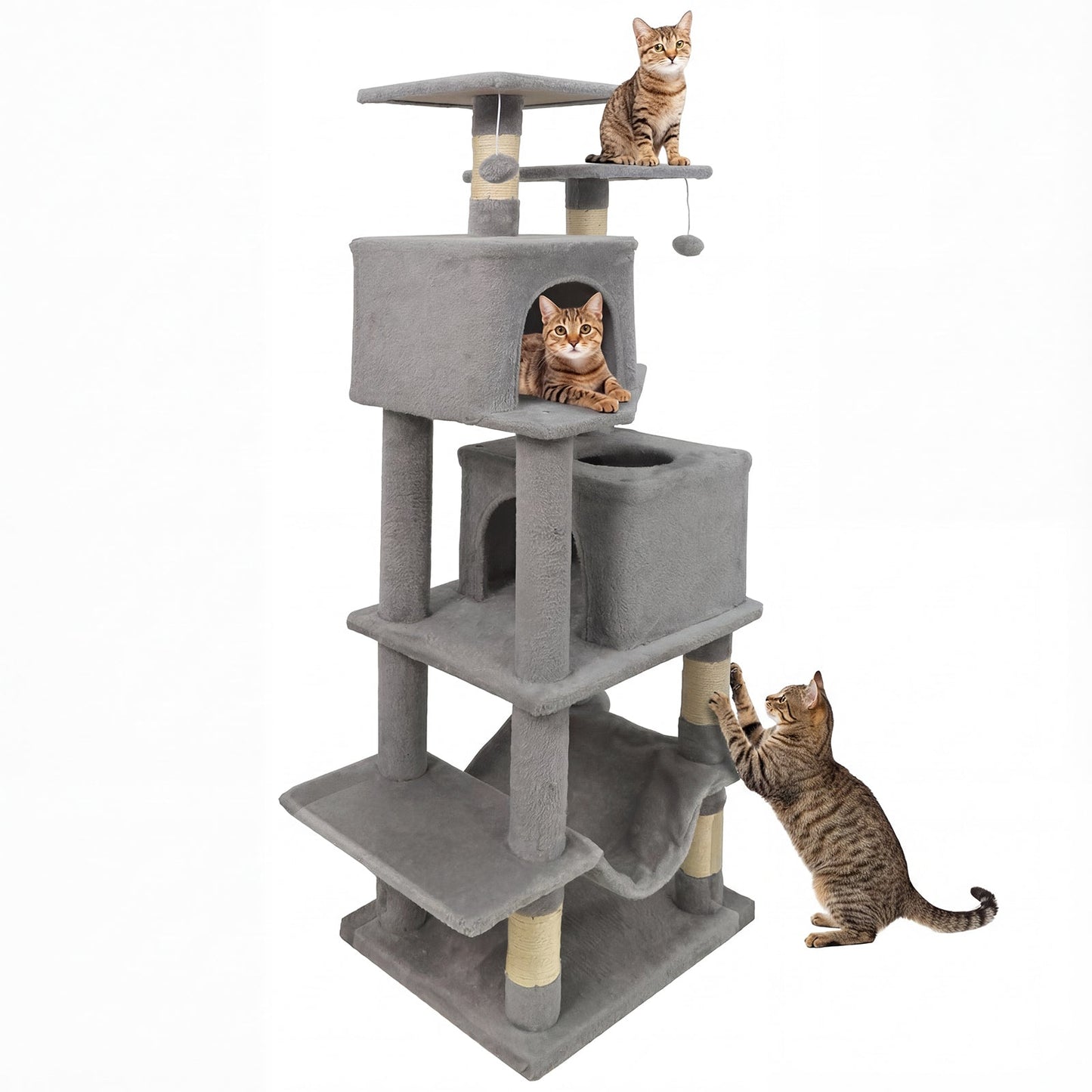 Cat Tree Tower 57-Inch Dual Condos Hammock Dangling Balls - Detail Angle 5 | Majestic Pet Kingdom