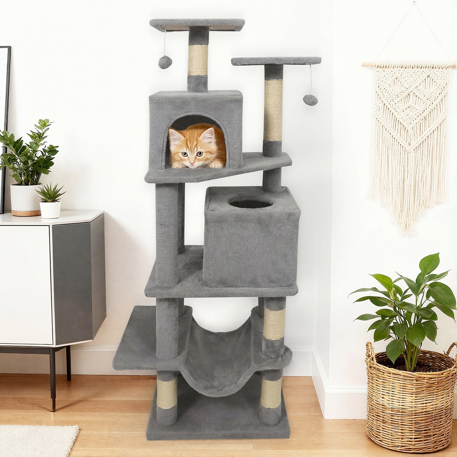 57 Inch Cat Tree with Dual Condos and Hammock and 2 Dangling Balls - Majestic Pet Kingdom