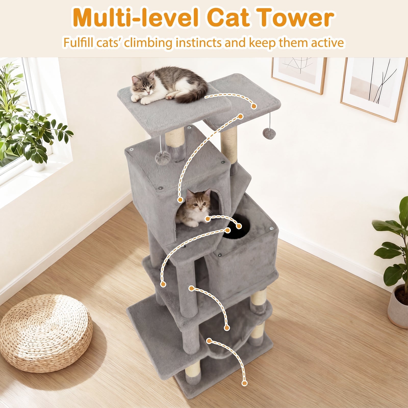 57 Inch Cat Tree with Dual Condos and Hammock and 2 Dangling Balls - Majestic Pet Kingdom