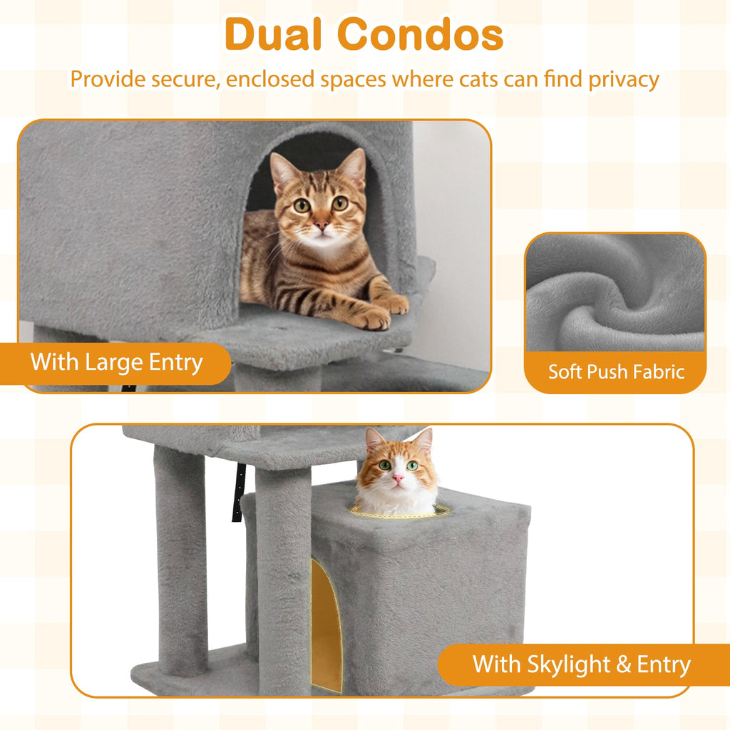 57 Inch Cat Tree with Dual Condos and Hammock and 2 Dangling Balls - Majestic Pet Kingdom
