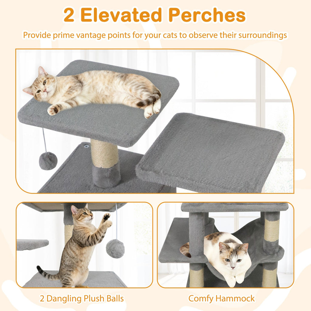 57 Inch Cat Tree with Dual Condos and Hammock and 2 Dangling Balls - Majestic Pet Kingdom