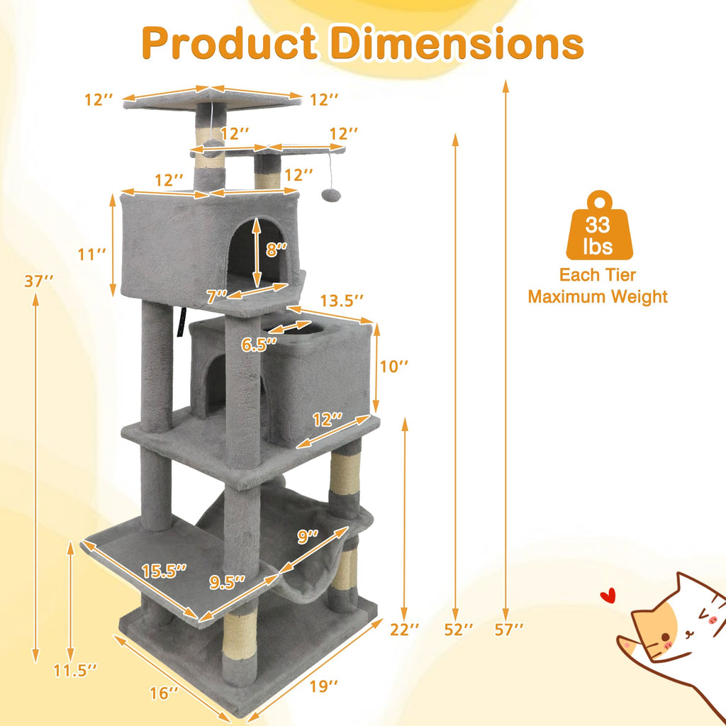 57 Inch Cat Tree with Dual Condos and Hammock and 2 Dangling Balls - Majestic Pet Kingdom