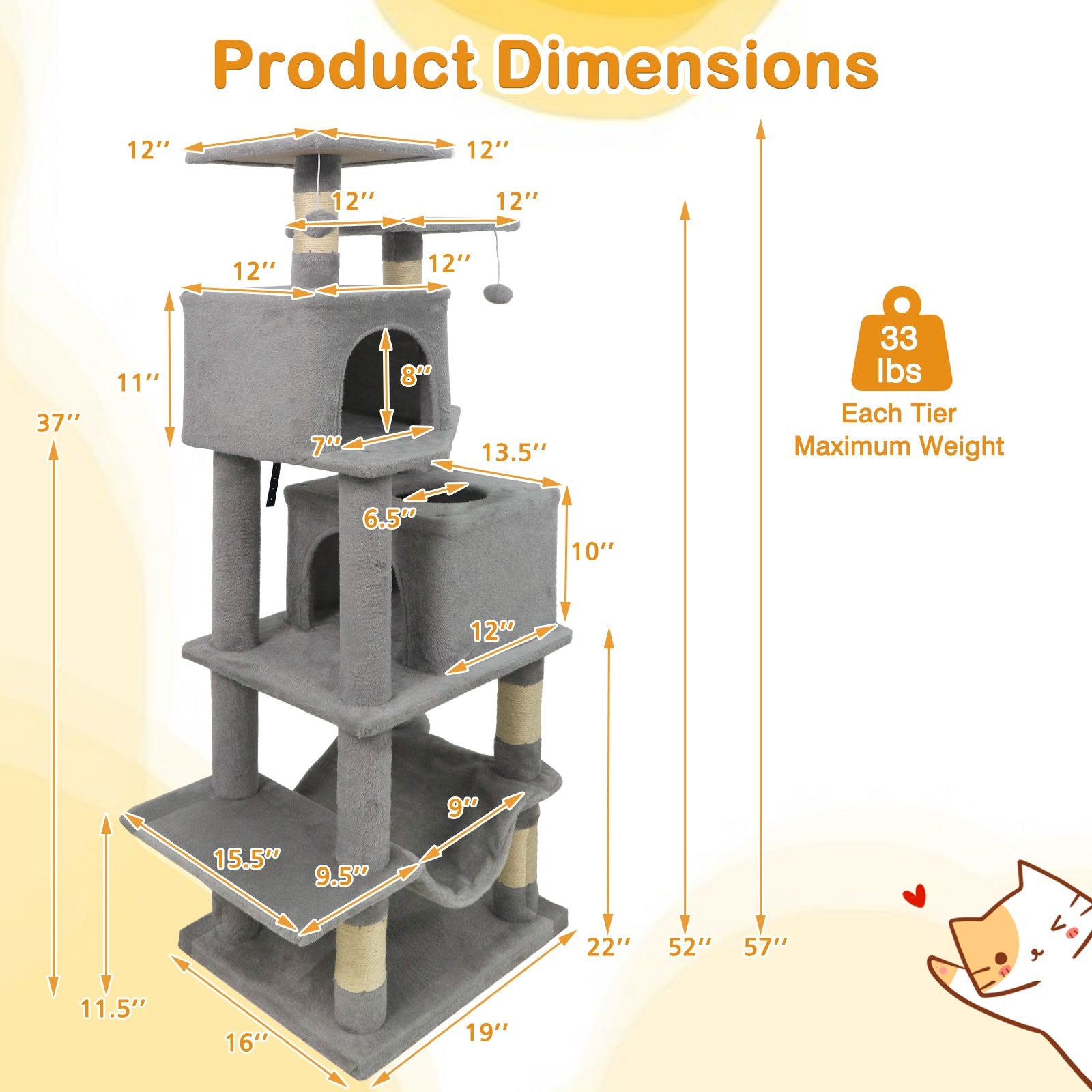57 Inch Cat Tree with Dual Condos and Hammock and 2 Dangling Balls - Majestic Pet Kingdom