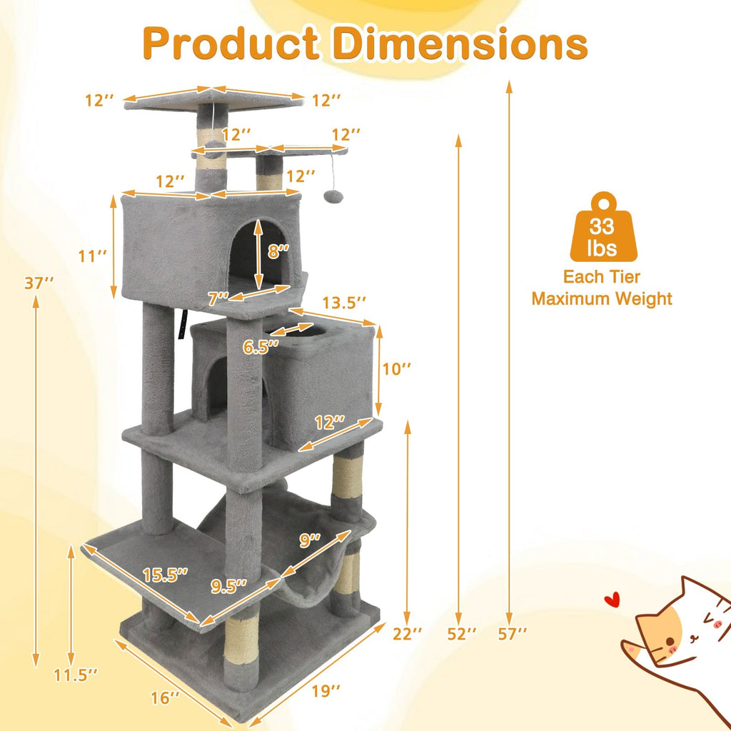 57 Inch Cat Tree with Dual Condos and Hammock and 2 Dangling Balls - Majestic Pet Kingdom
