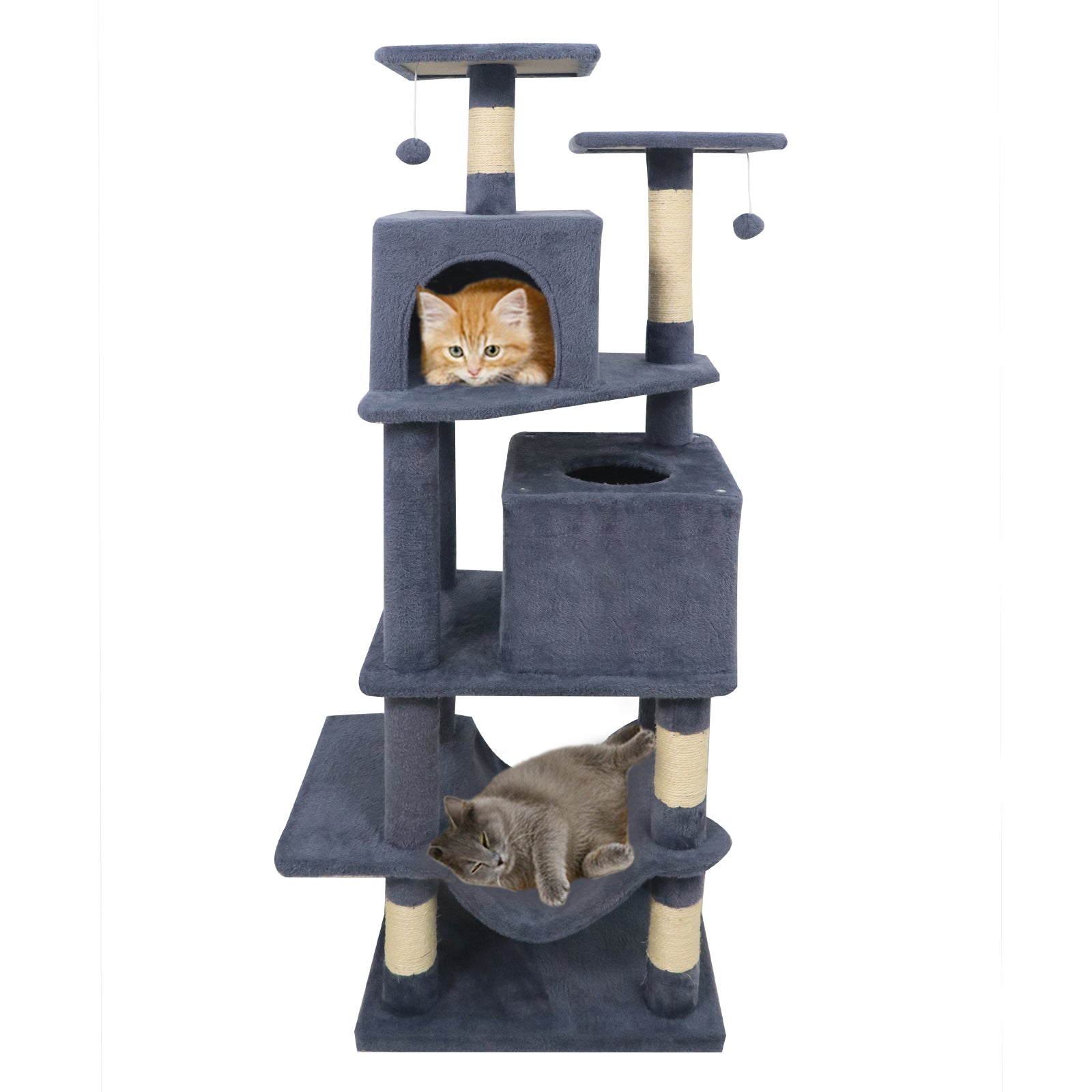 57 Inch Cat Tree with Dual Condos and Hammock and 2 Dangling Balls - Majestic Pet Kingdom