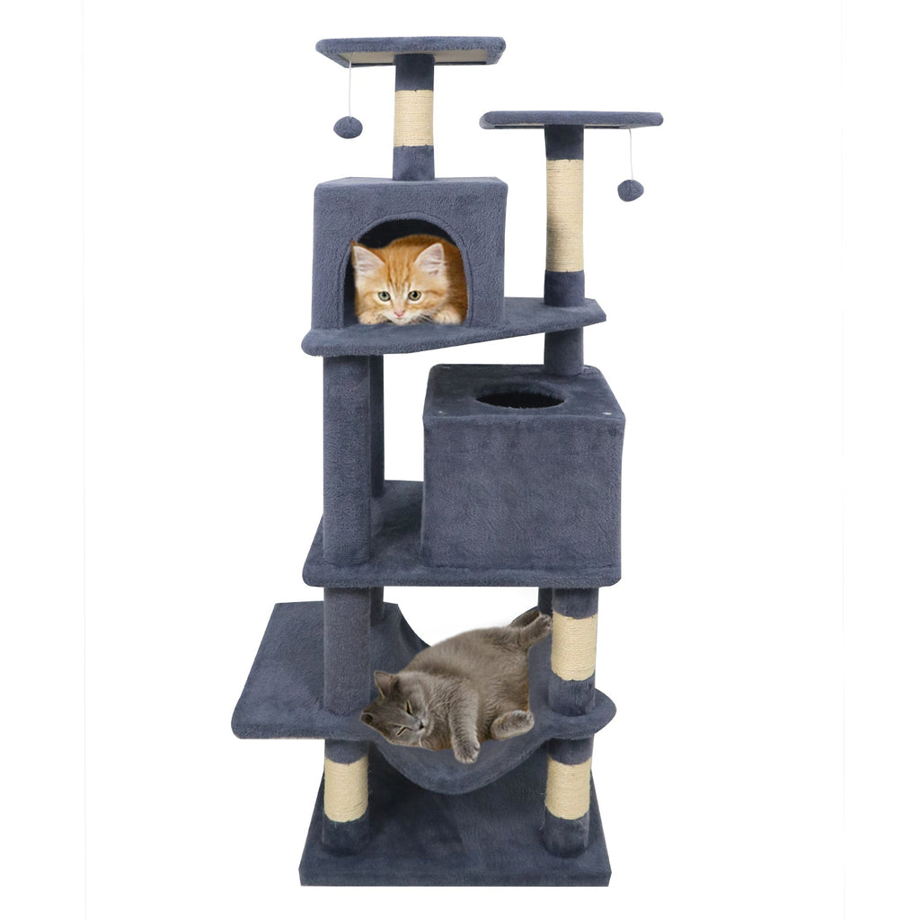 57 Inch Cat Tree with Dual Condos and Hammock and 2 Dangling Balls - Majestic Pet Kingdom