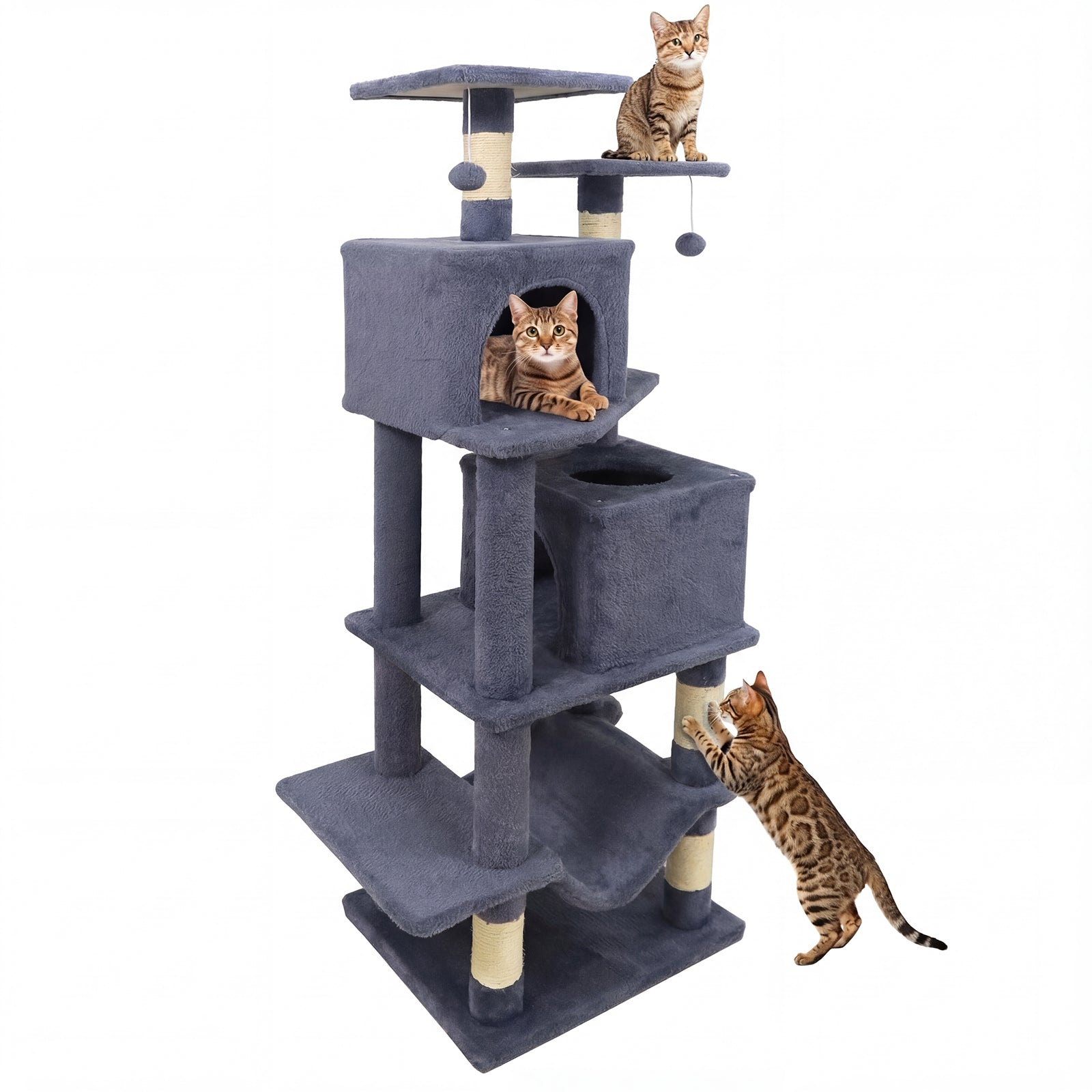 57 Inch Cat Tree with Dual Condos and Hammock and 2 Dangling Balls - Majestic Pet Kingdom