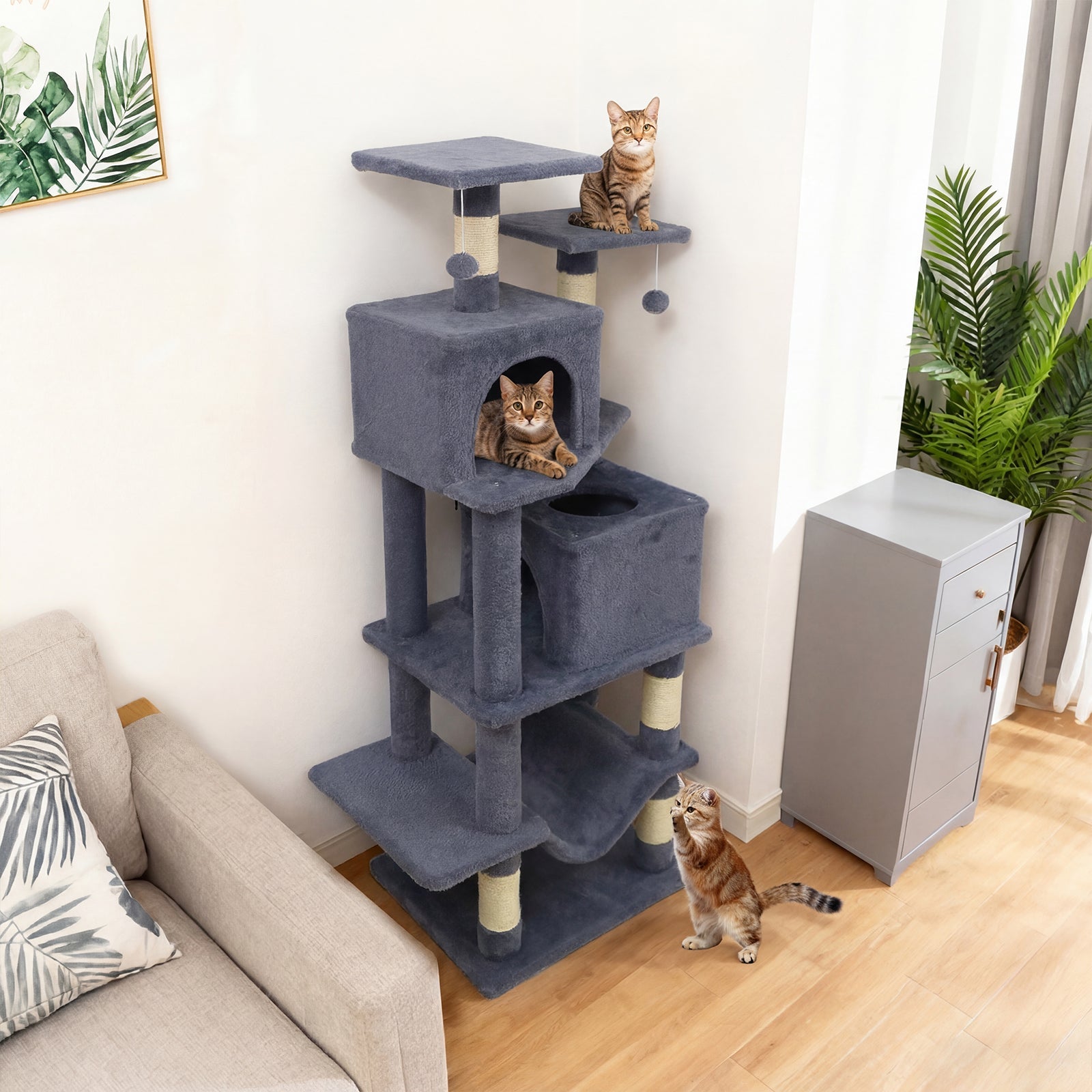 57 Inch Cat Tree with Dual Condos and Hammock and 2 Dangling Balls - Majestic Pet Kingdom