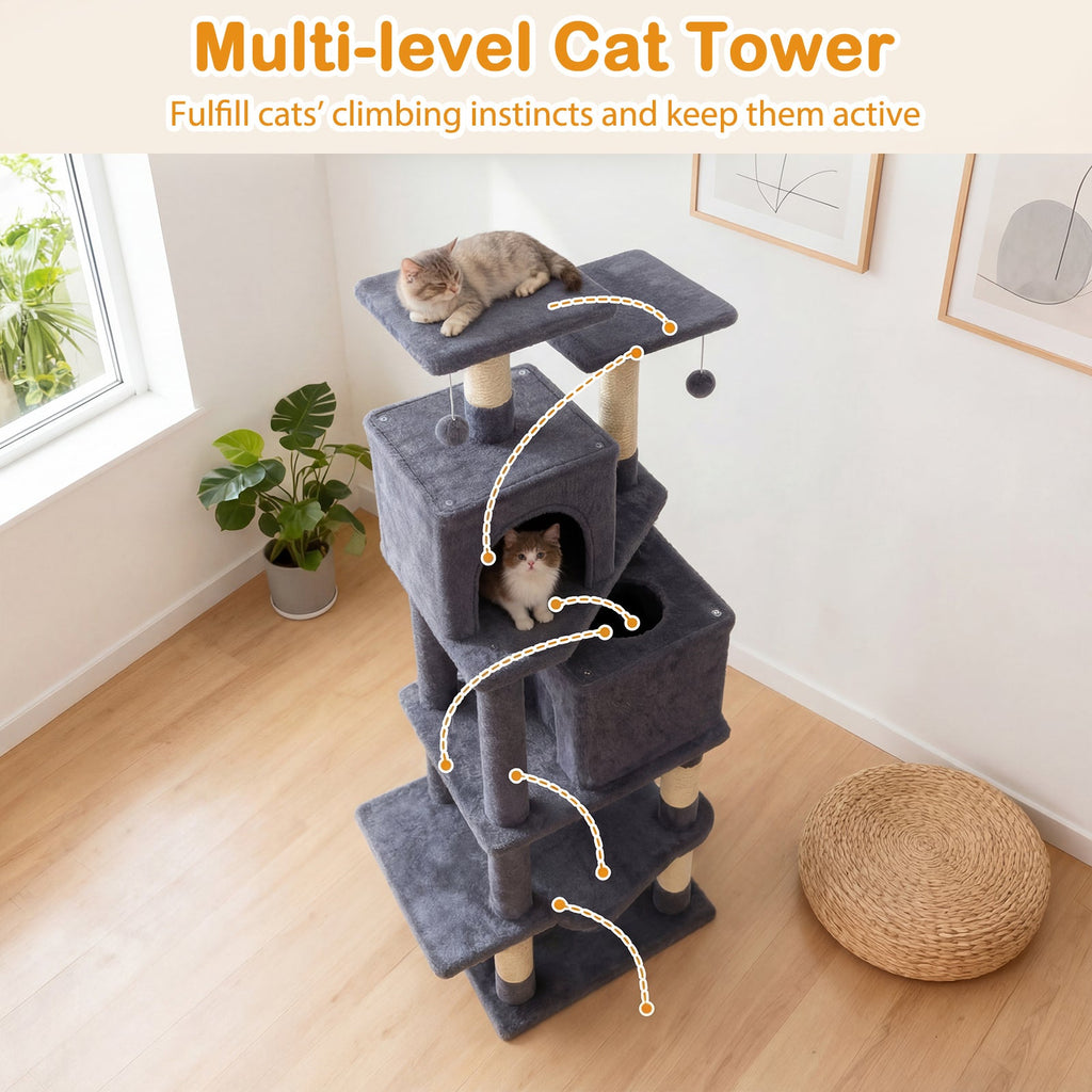 57 Inch Cat Tree with Dual Condos and Hammock and 2 Dangling Balls - Majestic Pet Kingdom