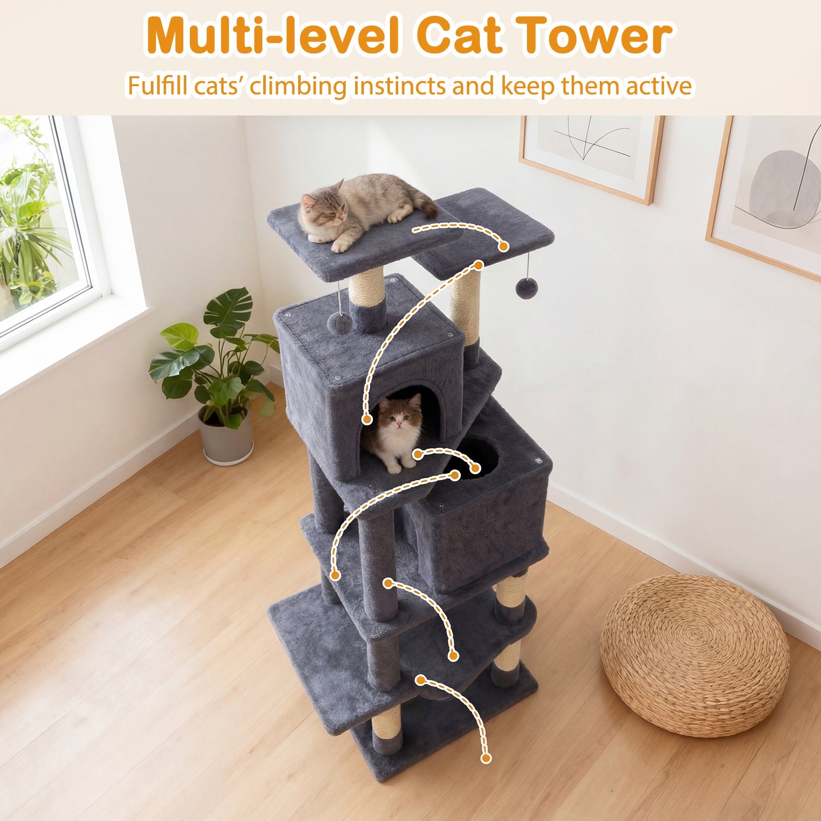 57 Inch Cat Tree with Dual Condos and Hammock and 2 Dangling Balls - Majestic Pet Kingdom