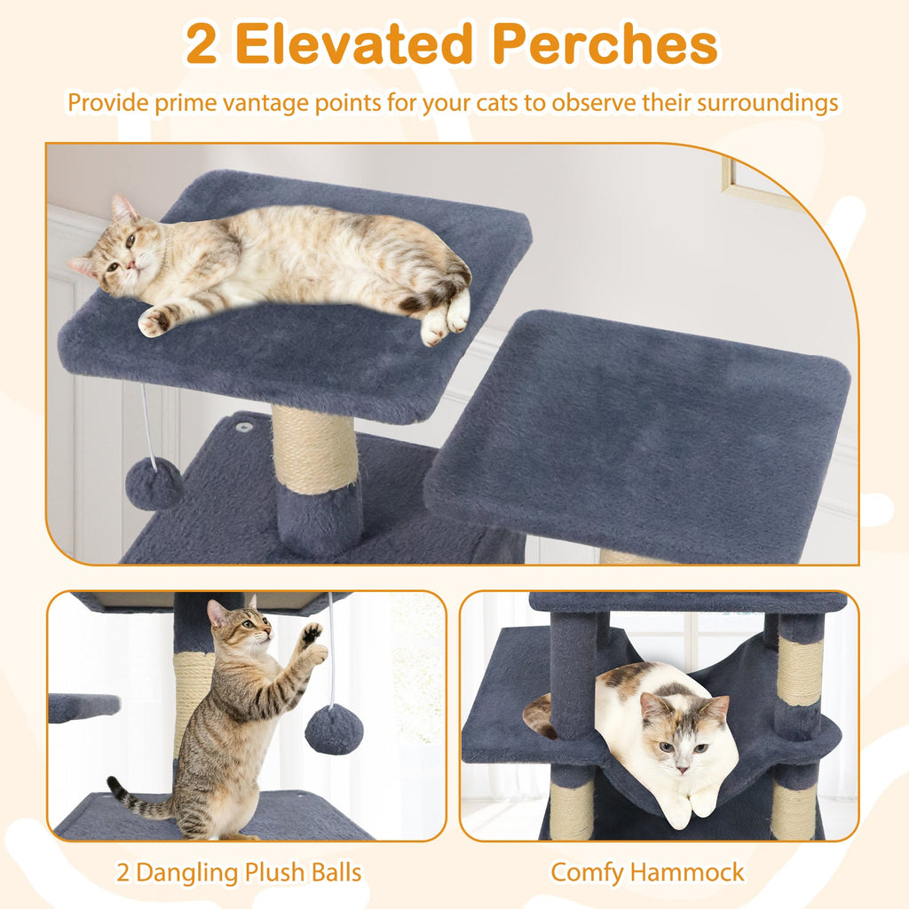 57 Inch Cat Tree with Dual Condos and Hammock and 2 Dangling Balls - Majestic Pet Kingdom