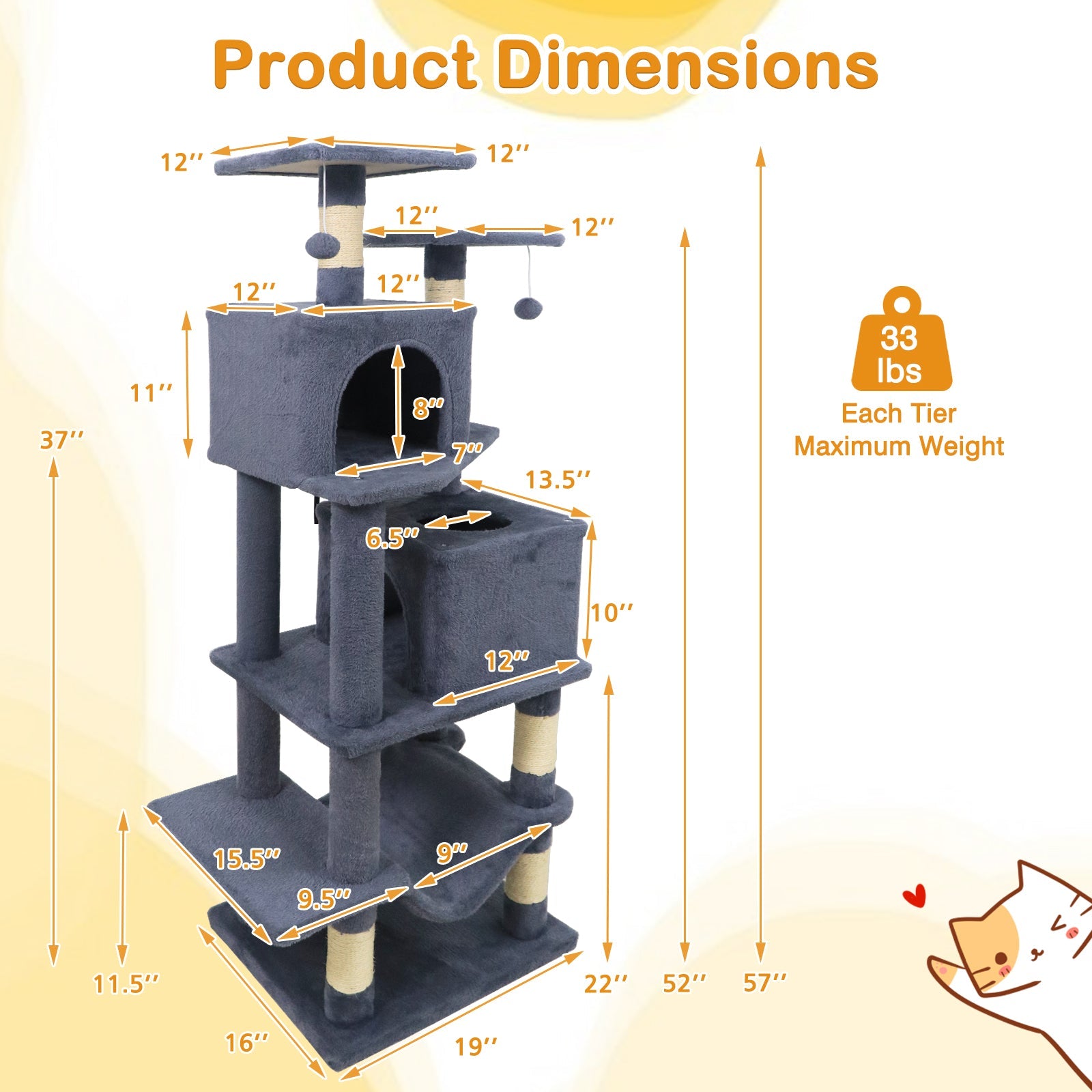 57 Inch Cat Tree with Dual Condos and Hammock and 2 Dangling Balls - Majestic Pet Kingdom