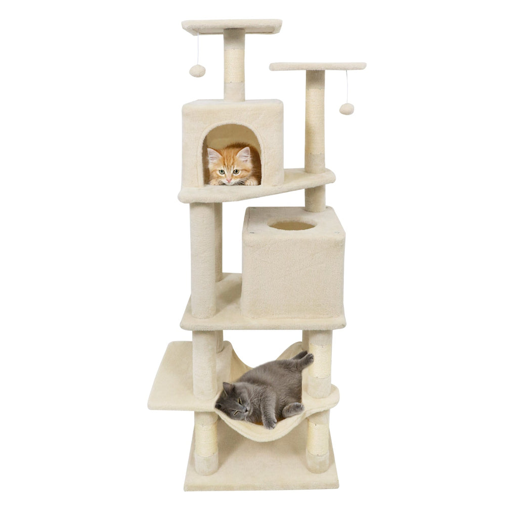 57 Inch Cat Tree with Dual Condos and Hammock and 2 Dangling Balls - Majestic Pet Kingdom