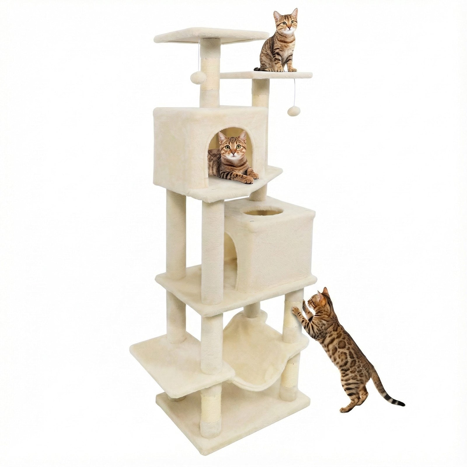 57 Inch Cat Tree with Dual Condos and Hammock and 2 Dangling Balls - Majestic Pet Kingdom