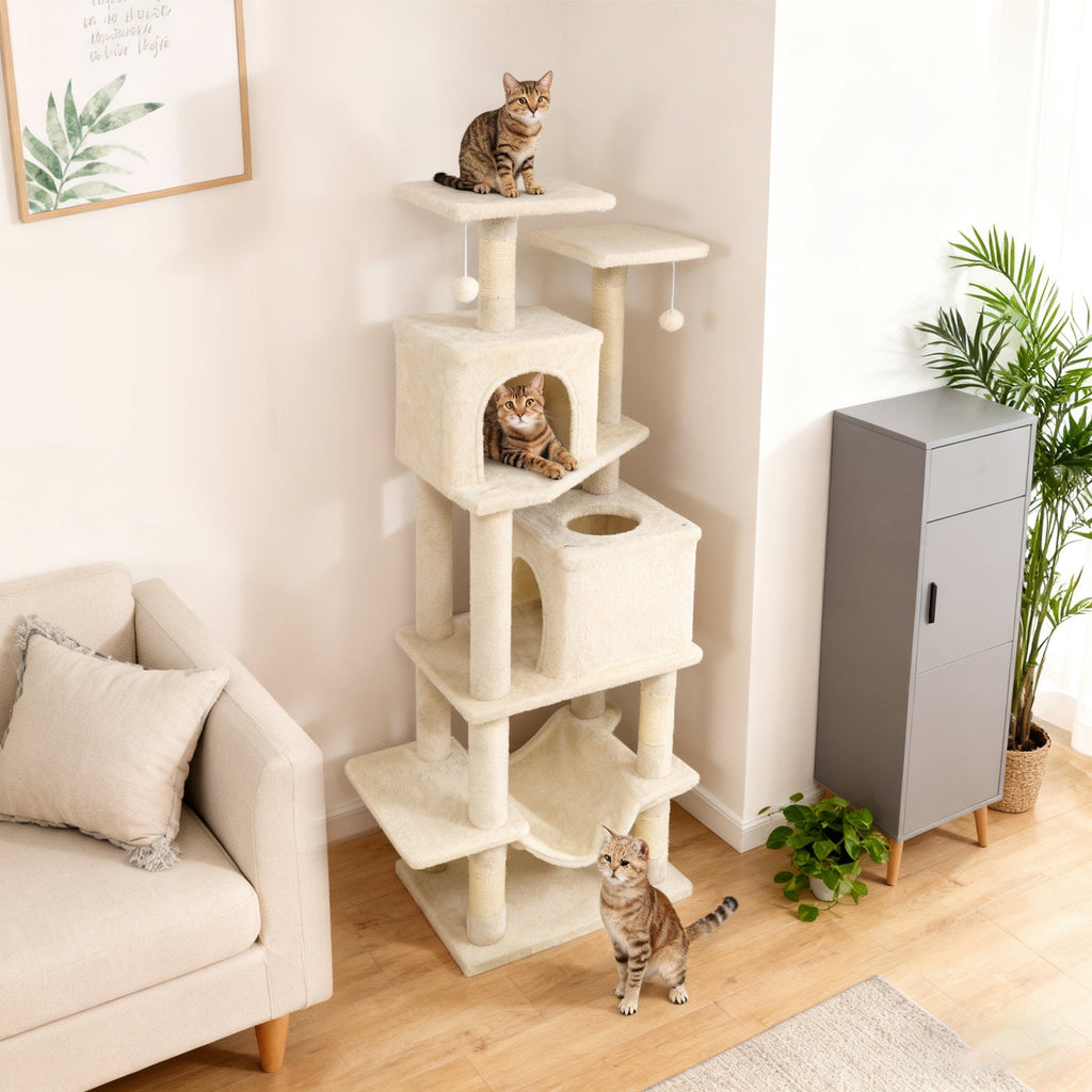 57 Inch Cat Tree with Dual Condos and Hammock and 2 Dangling Balls - Majestic Pet Kingdom