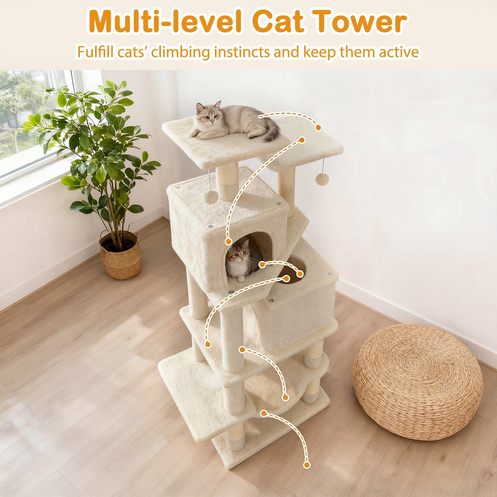 57 Inch Cat Tree with Dual Condos and Hammock and 2 Dangling Balls - Majestic Pet Kingdom