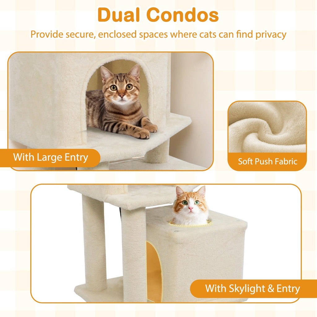 57 Inch Cat Tree with Dual Condos and Hammock and 2 Dangling Balls - Majestic Pet Kingdom
