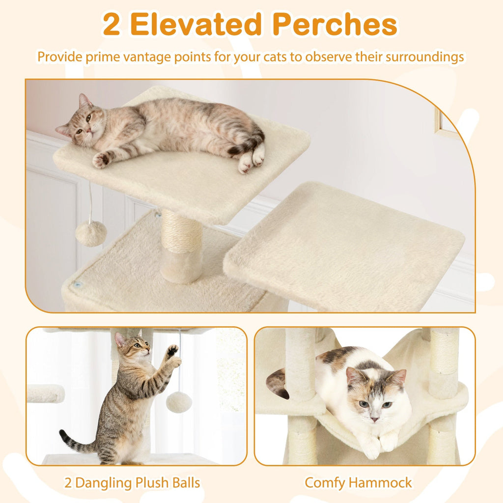 57 Inch Cat Tree with Dual Condos and Hammock and 2 Dangling Balls - Majestic Pet Kingdom
