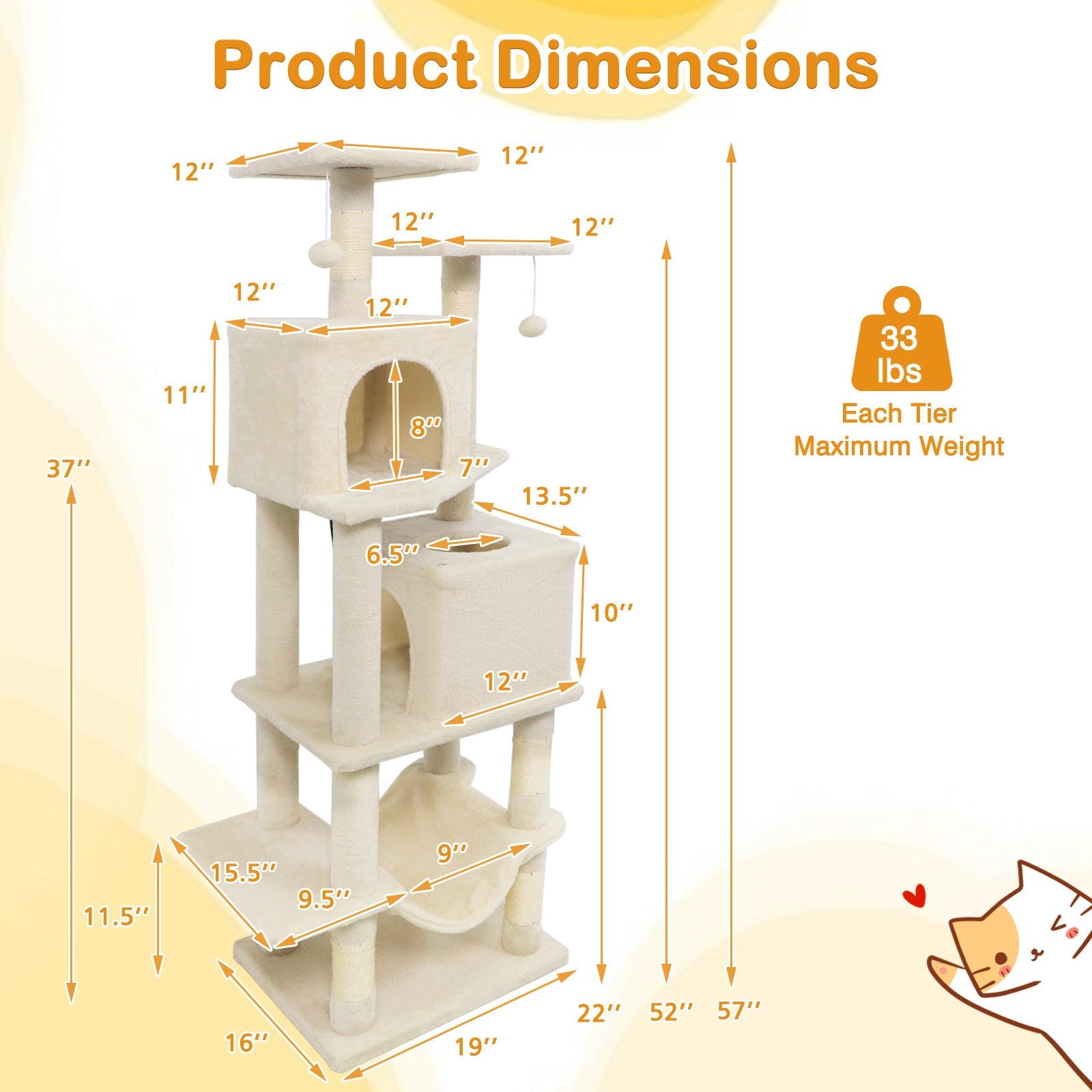 57 Inch Cat Tree with Dual Condos and Hammock and 2 Dangling Balls - Majestic Pet Kingdom