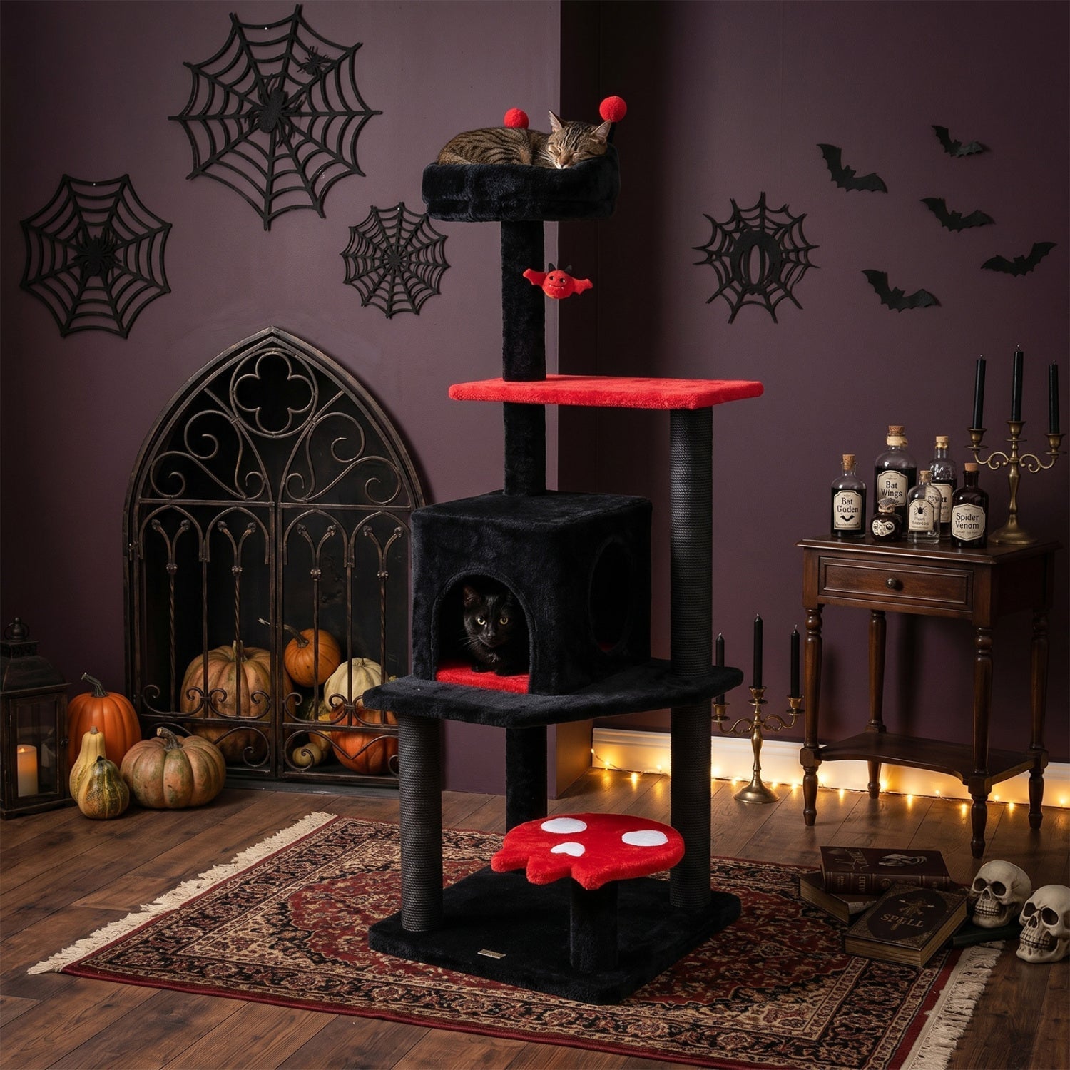 57" Gothic Cat Tower with Padded Perch and Spider Toy | Purrfect Pet Kingdom