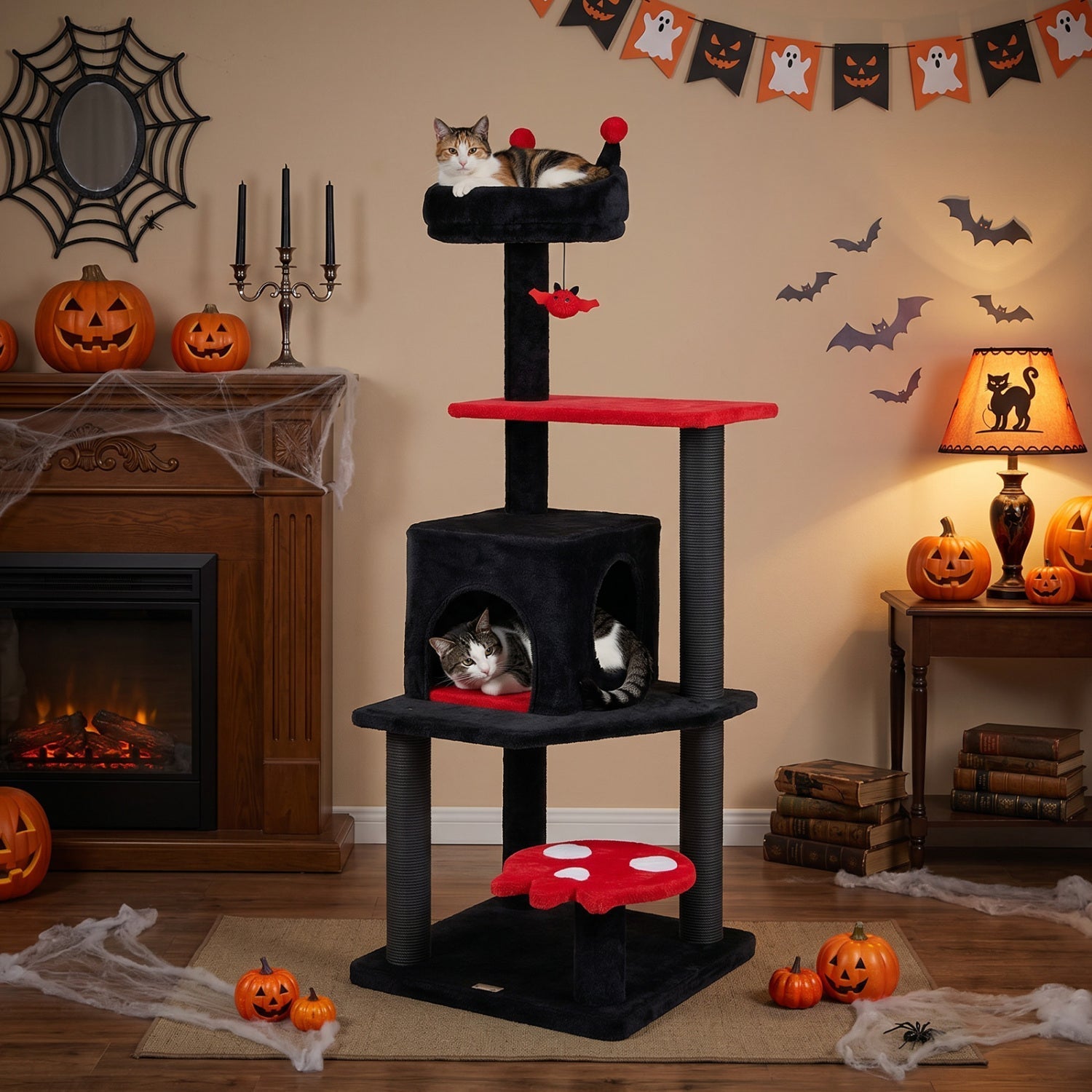 57" Gothic Cat Tower with Padded Perch and Spider Toy | Purrfect Pet Kingdom