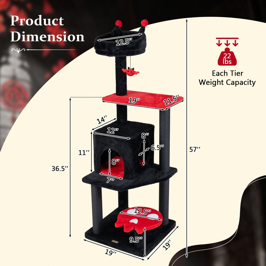 57" Gothic Cat Tower with Padded Perch and Spider Toy | Purrfect Pet Kingdom