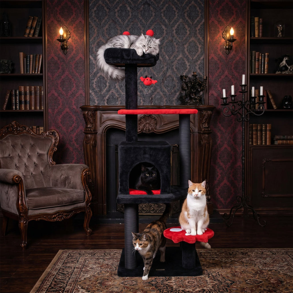 57" Gothic Cat Tower with Padded Perch and Spider Toy - Majestic Pet Kingdom