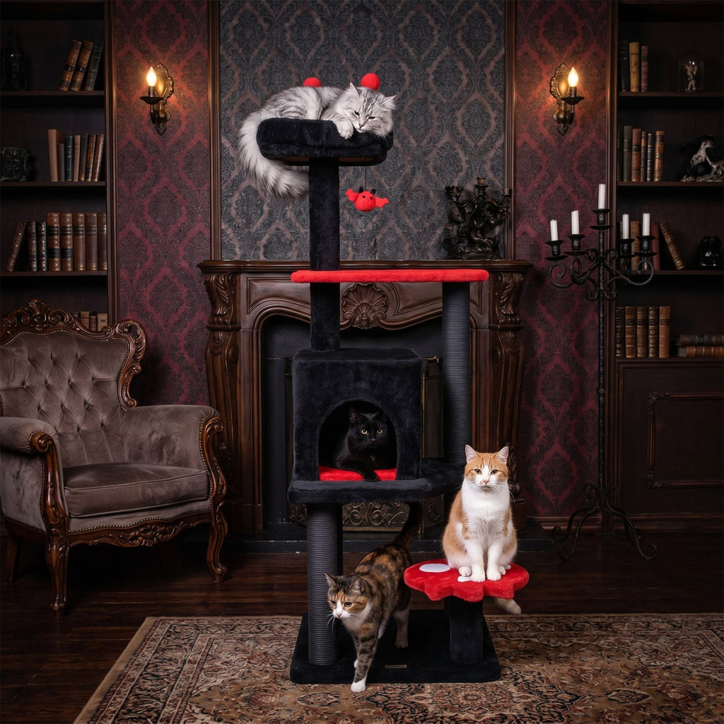 57" Gothic Cat Tower with Padded Perch and Spider Toy | Purrfect Pet Kingdom