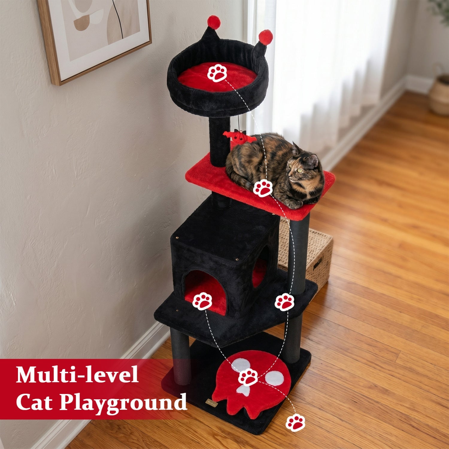 57" Gothic Cat Tower with Padded Perch and Spider Toy - Majestic Pet Kingdom