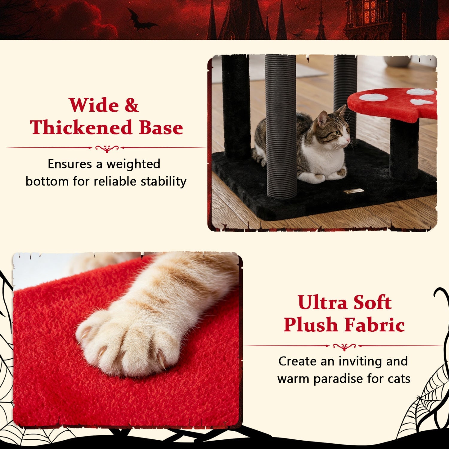 57" Gothic Cat Tower with Padded Perch and Spider Toy - Majestic Pet Kingdom