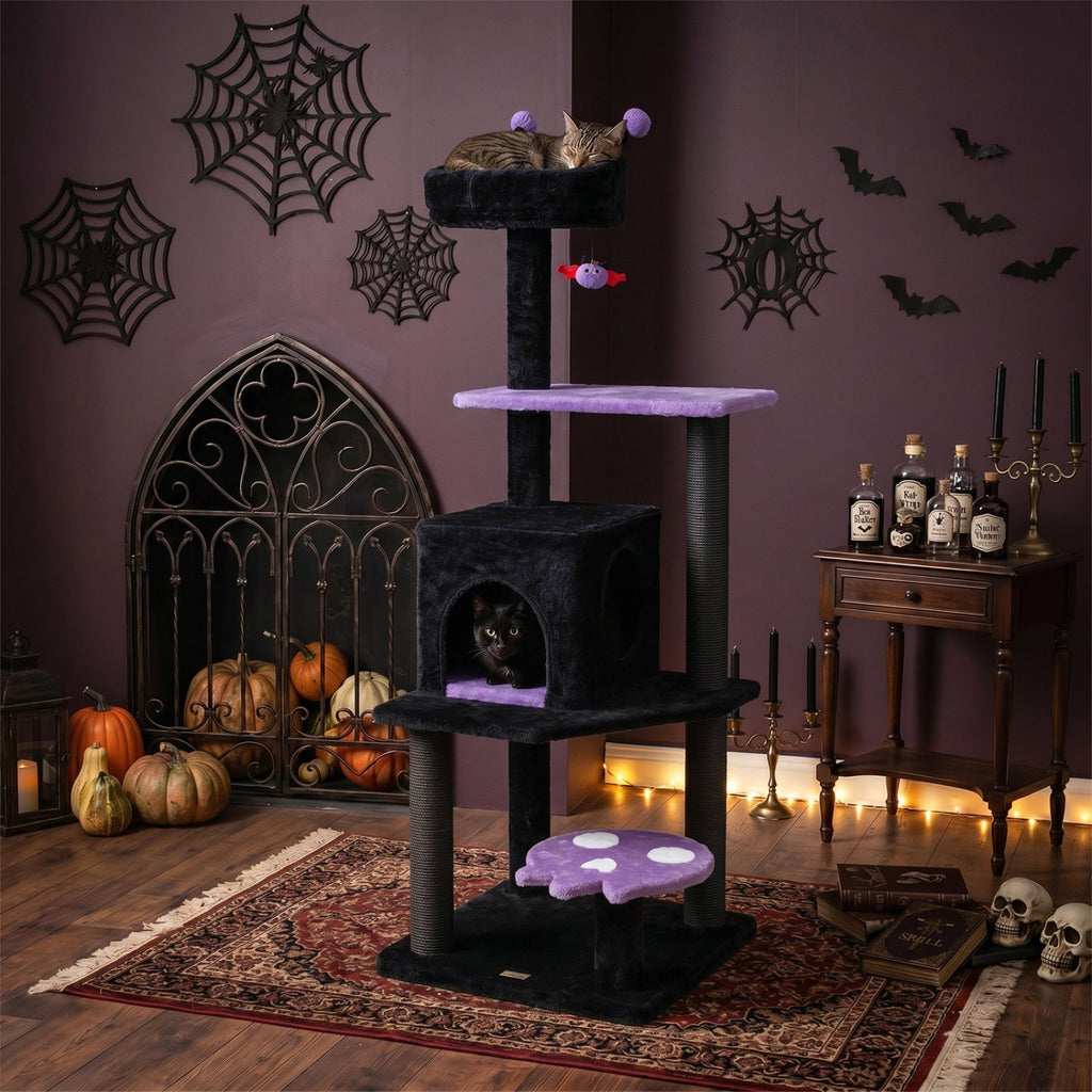 57" Gothic Cat Tower with Padded Perch and Spider Toy - Majestic Pet Kingdom
