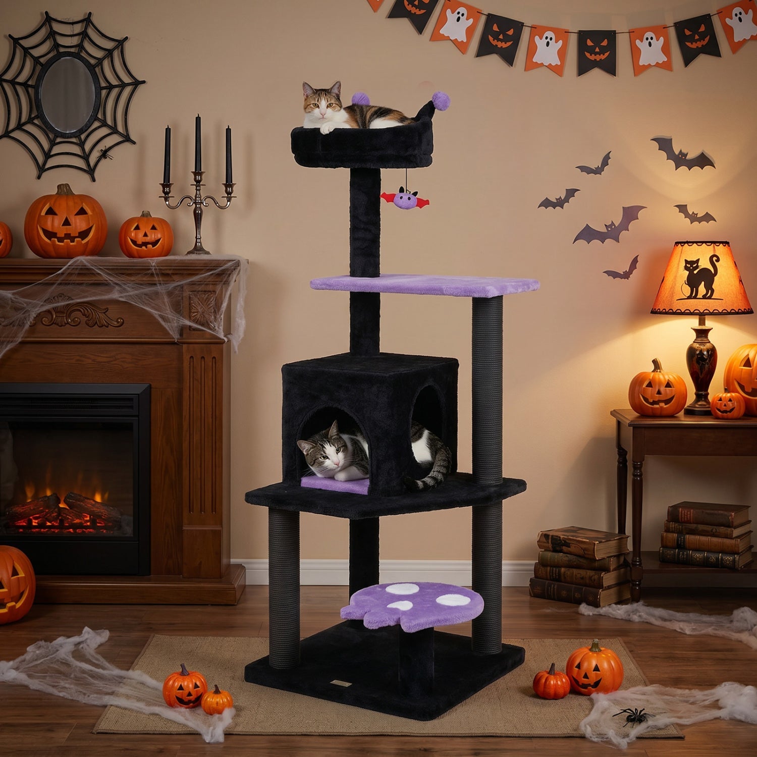 57" Gothic Cat Tower with Padded Perch and Spider Toy - Majestic Pet Kingdom