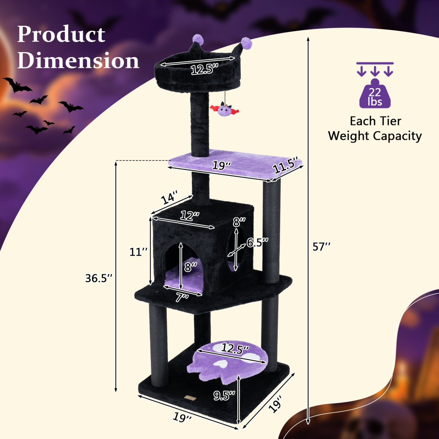 57" Gothic Cat Tower with Padded Perch and Spider Toy - Majestic Pet Kingdom