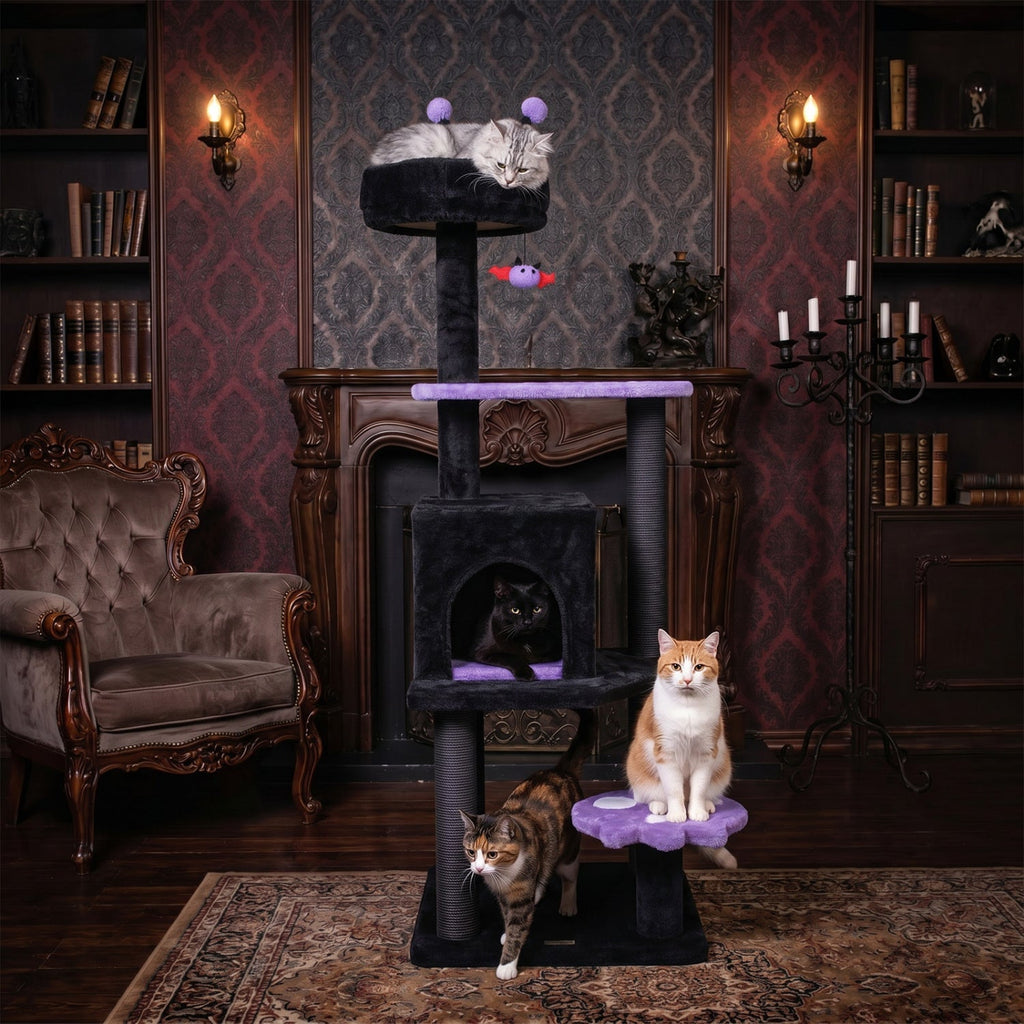57" Gothic Cat Tower with Padded Perch and Spider Toy | Purrfect Pet Kingdom