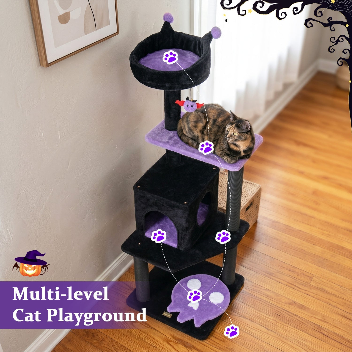 57" Gothic Cat Tower with Padded Perch and Spider Toy - Majestic Pet Kingdom